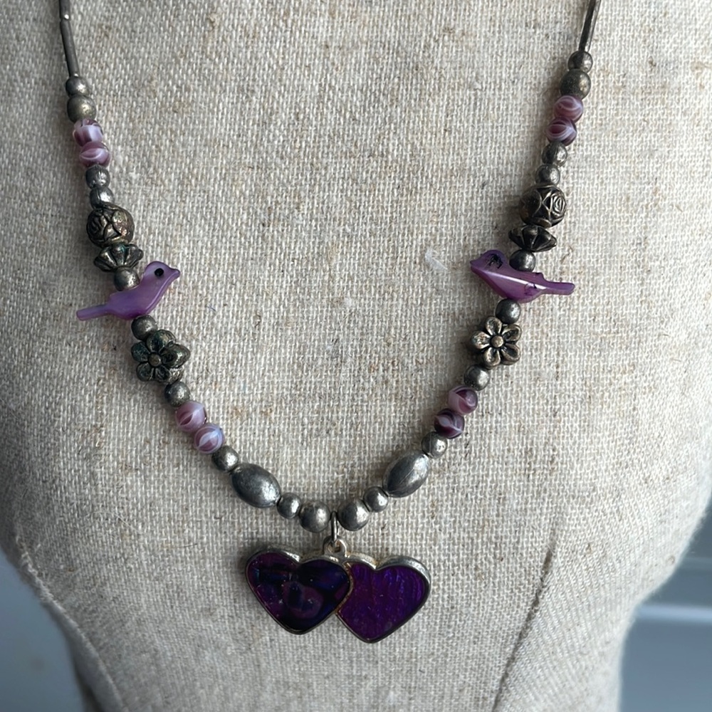 Girls silver necklace hearts birds flowers beads silver